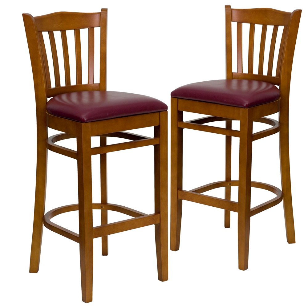 2 Pk. Cherry Finished Vertical Slat Back Wooden Barstool – Burgundy Vinyl Seat