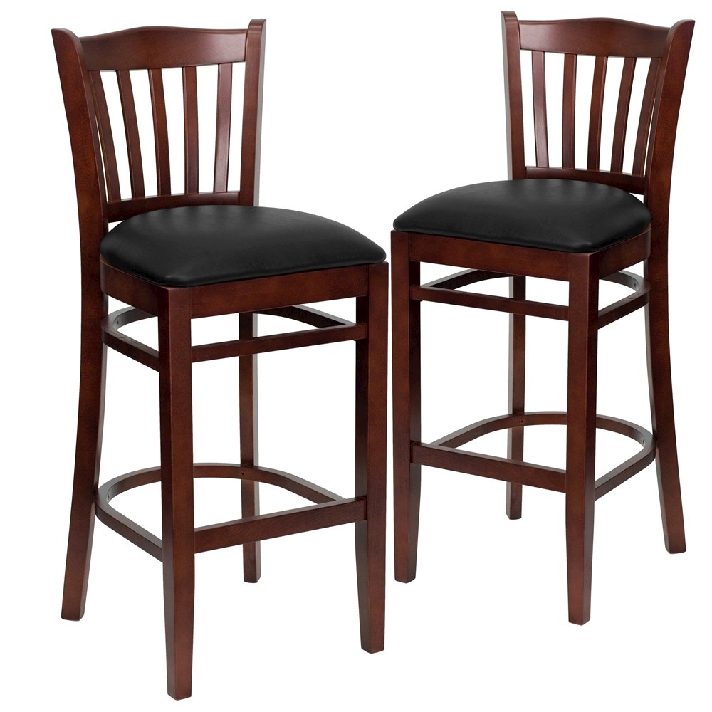 2 Pk. Mahogany Finished Vertical Slat Back Wooden Barstool – Black Vinyl Seat