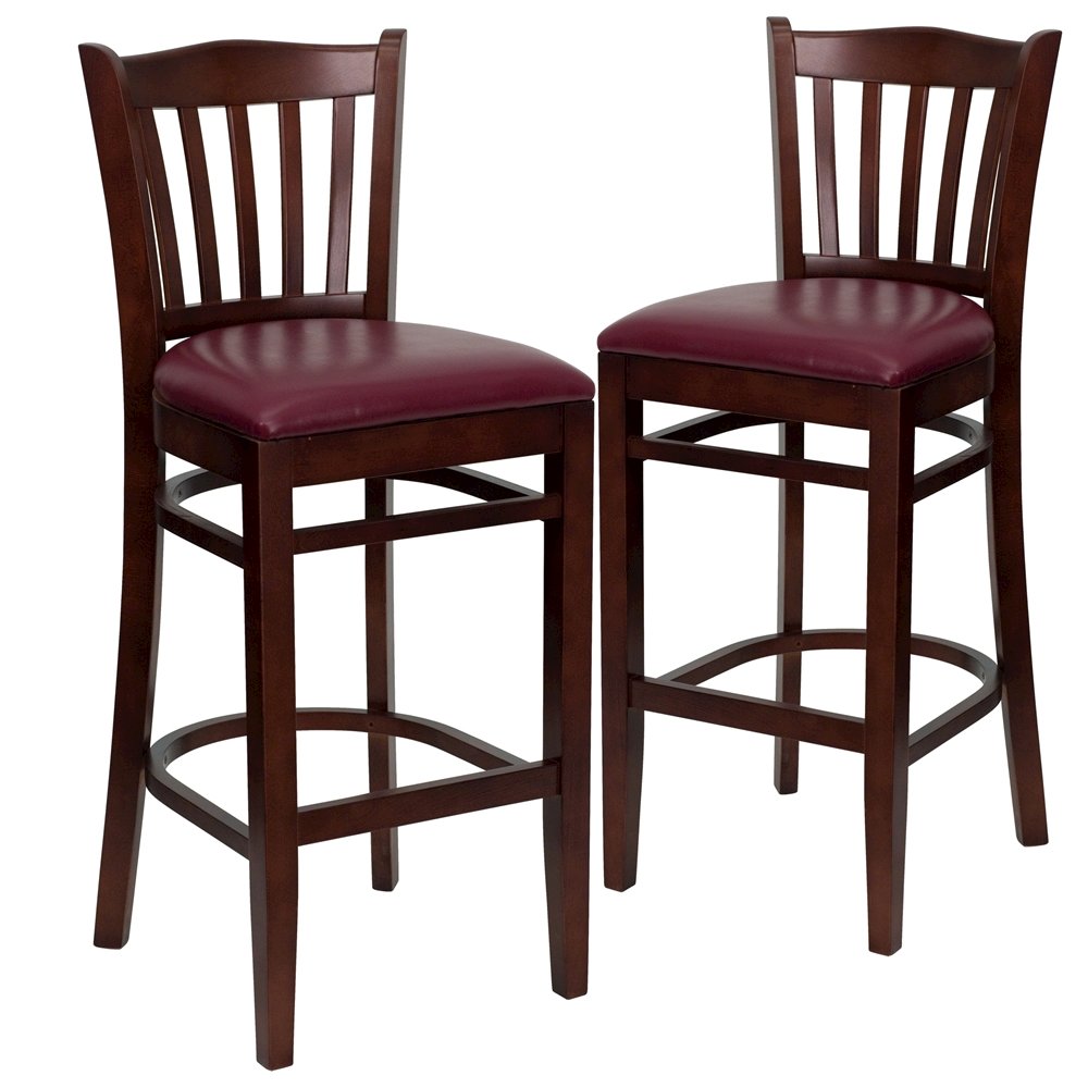 2 Pk. Mahogany Finished Vertical Slat Back Wooden Barstool – Burgundy Vinyl Seat