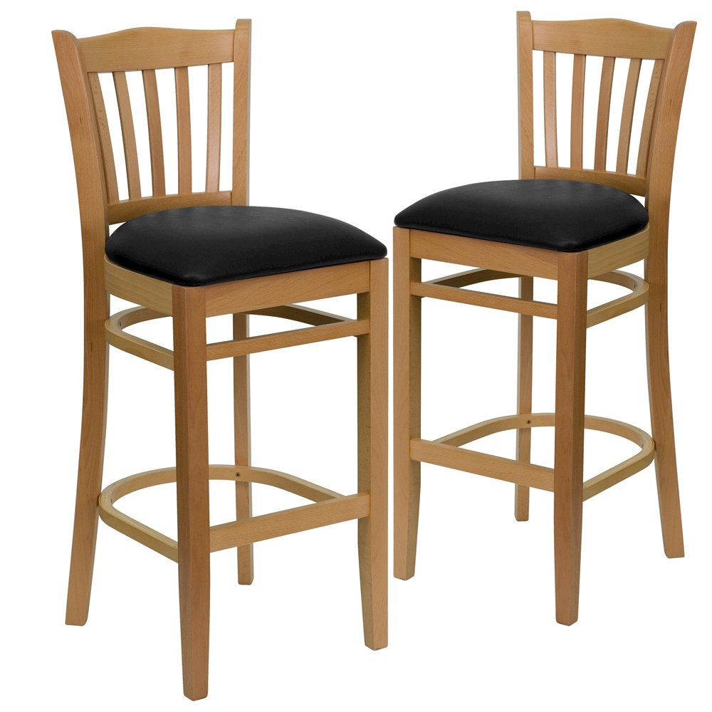 2 Pk. Vertical Slat Back Wooden Barstool – Black Vinyl Seat