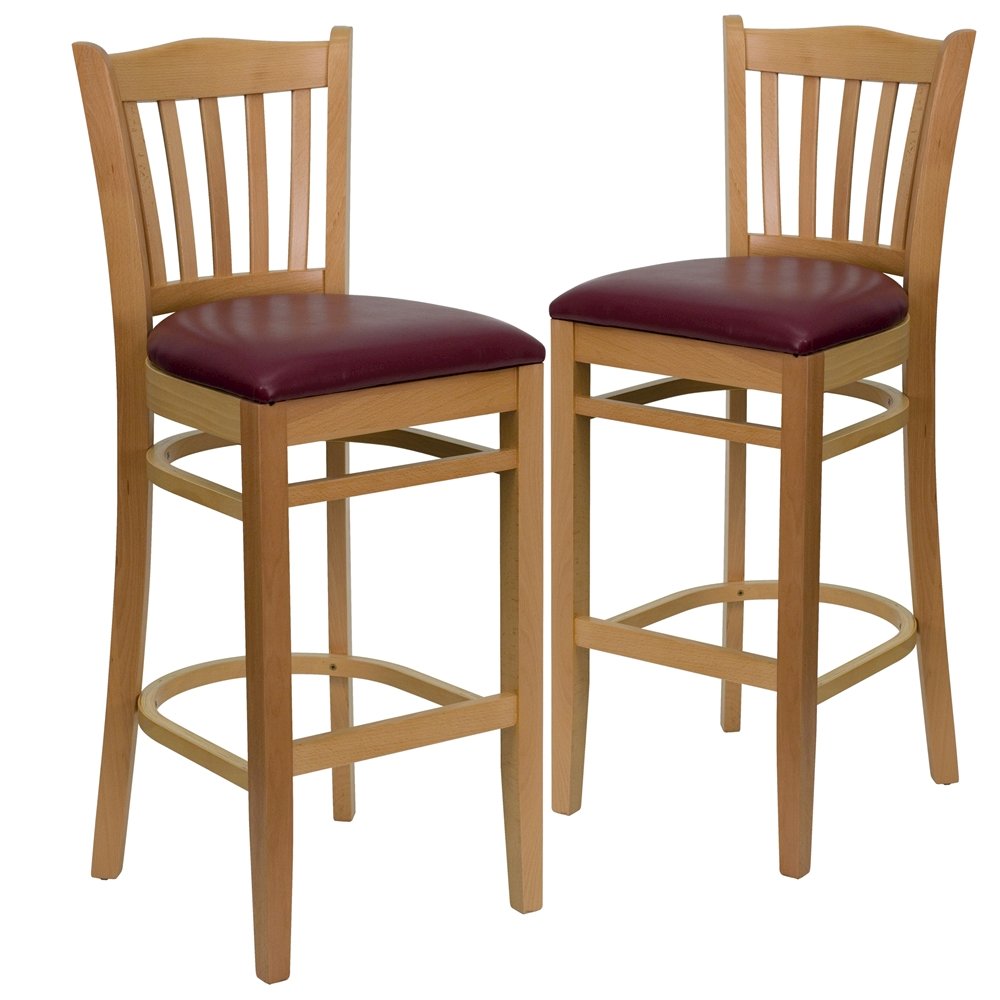 2 Pk. Vertical Slat Back Wooden Barstool – Burgundy Vinyl Seat