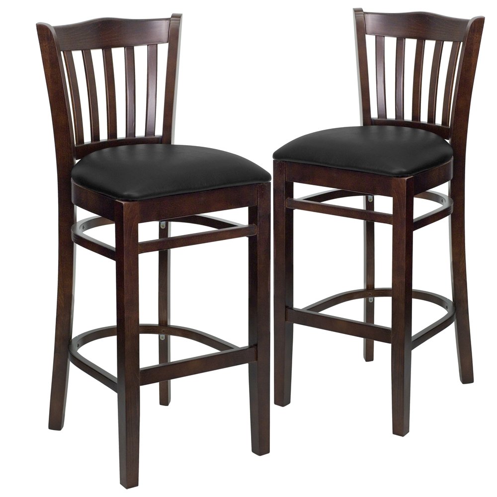 2 Pk. Walnut Finished Vertical Slat Back Wooden Barstool – Black Vinyl Seat