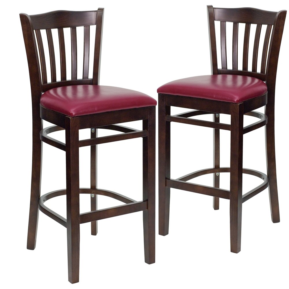 2 Pk. Walnut Finished Vertical Slat Back Wooden Barstool – Burgundy Vinyl Seat