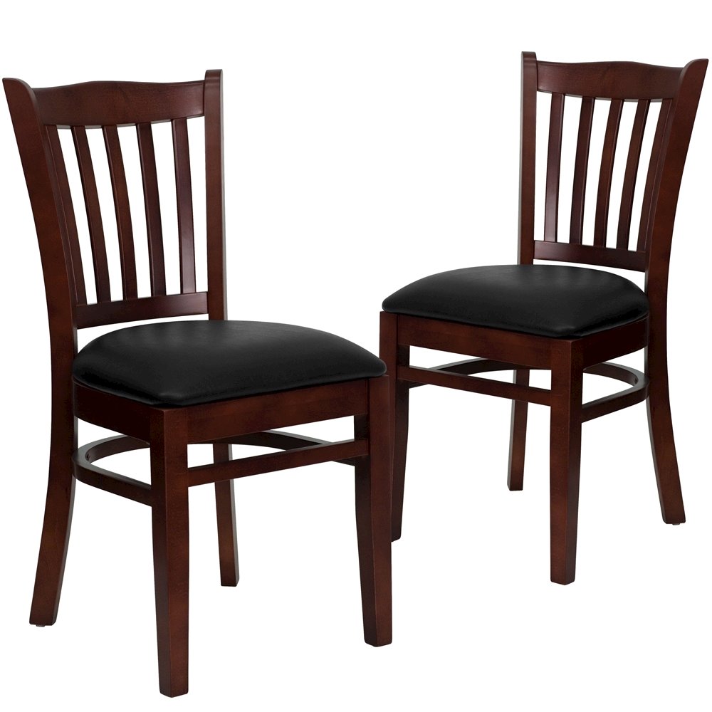 2 Pk. Mahogany Finished Vertical Slat Back Wooden Chair – Black Vinyl Seat