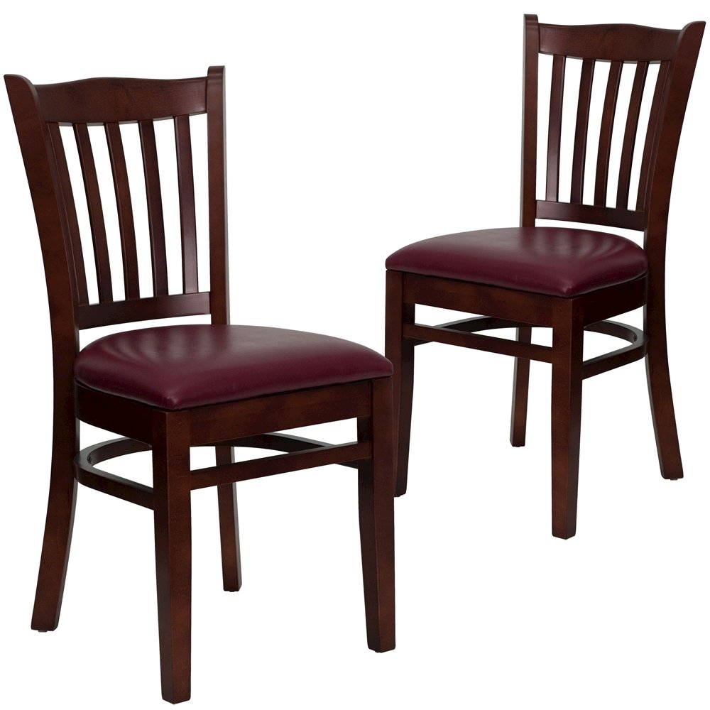 2 Pk. Mahogany Finished Vertical Slat Back Wooden Chair – Burgundy Vinyl Seat