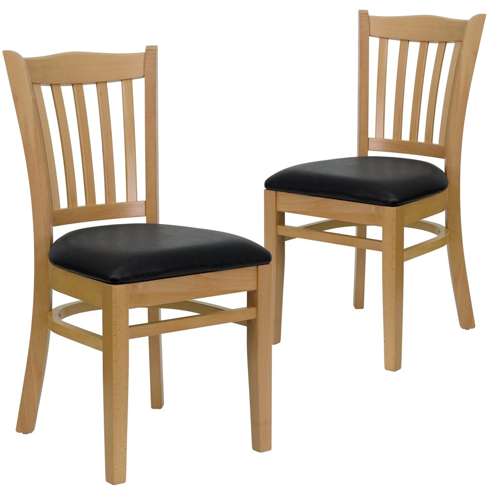 2 Pk. Natural Wood Finished Vertical Slat Back Wooden Chair – Black Vinyl Seat