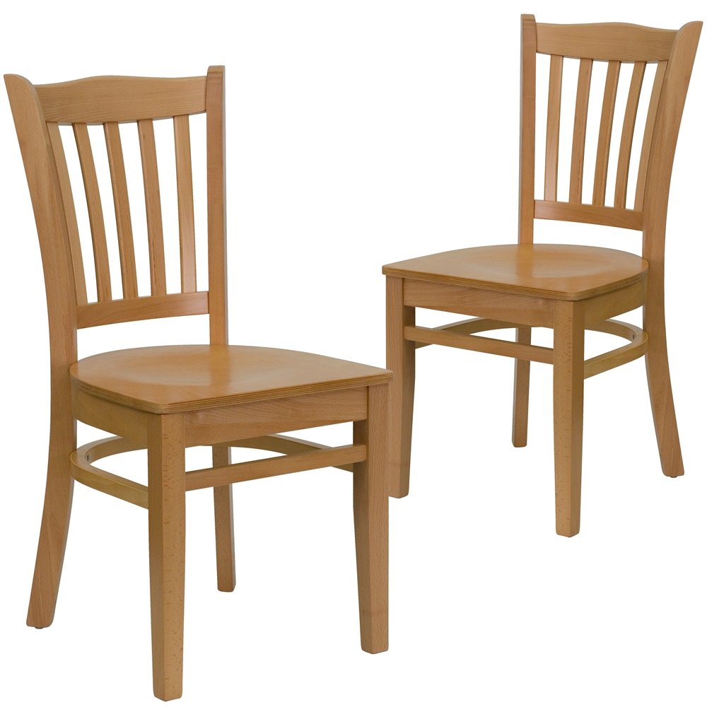 2 Pk. Natural Wood Finished Vertical Slat Back Wooden Restaurant Chair