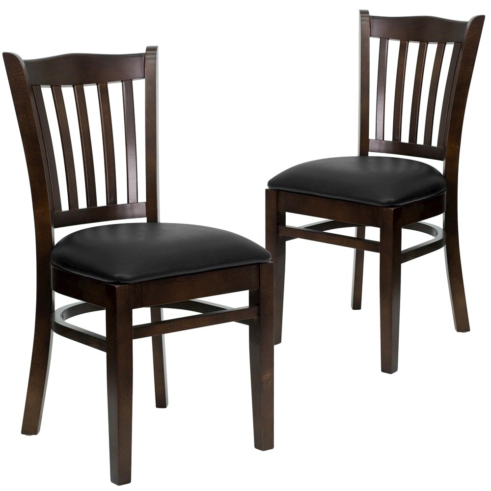2 Pk. Walnut Finished Vertical Slat Back Wooden Chair – Black Vinyl Seat