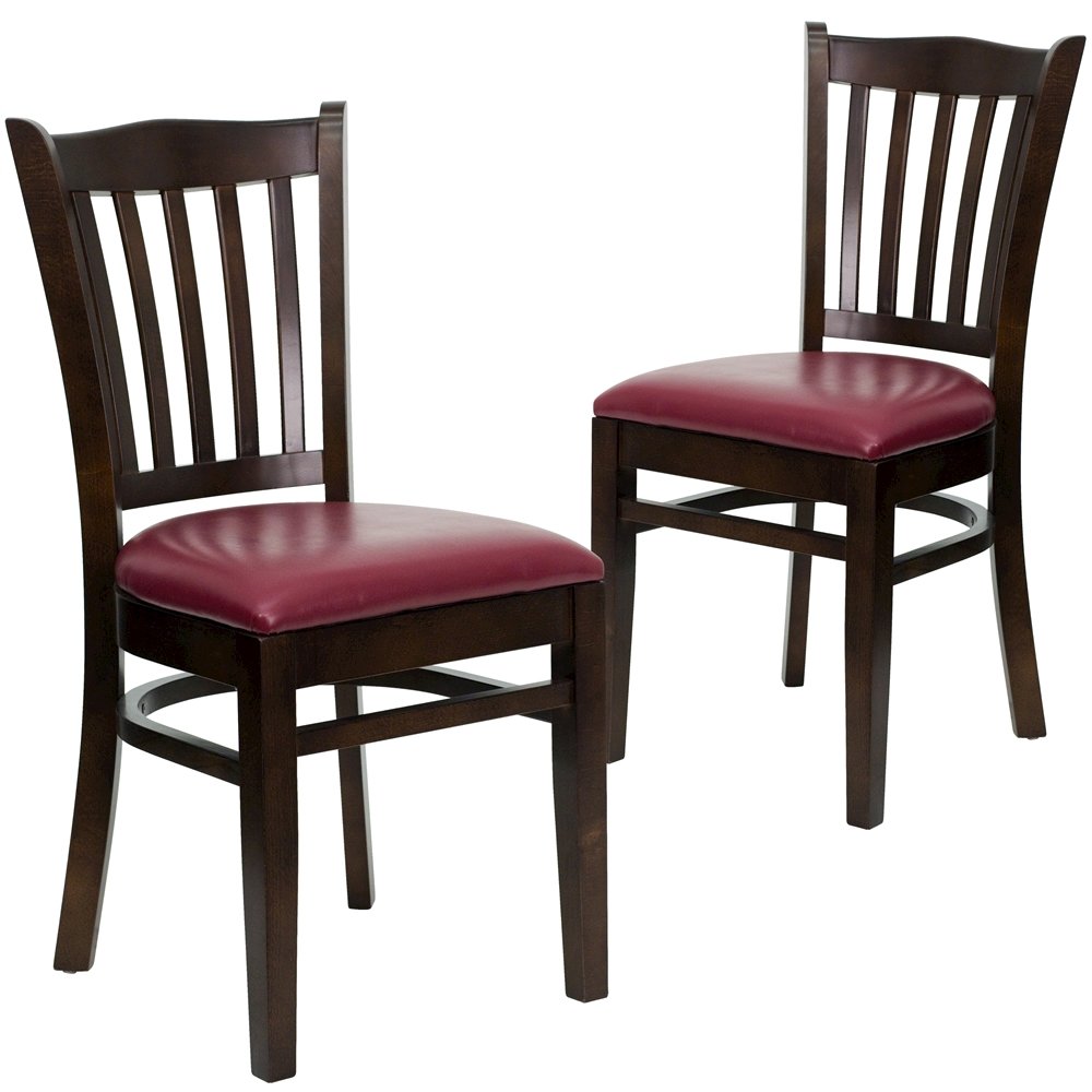 2 Pk. Walnut Finished Vertical Slat Back Wooden Chair – Burgundy Vinyl Seat