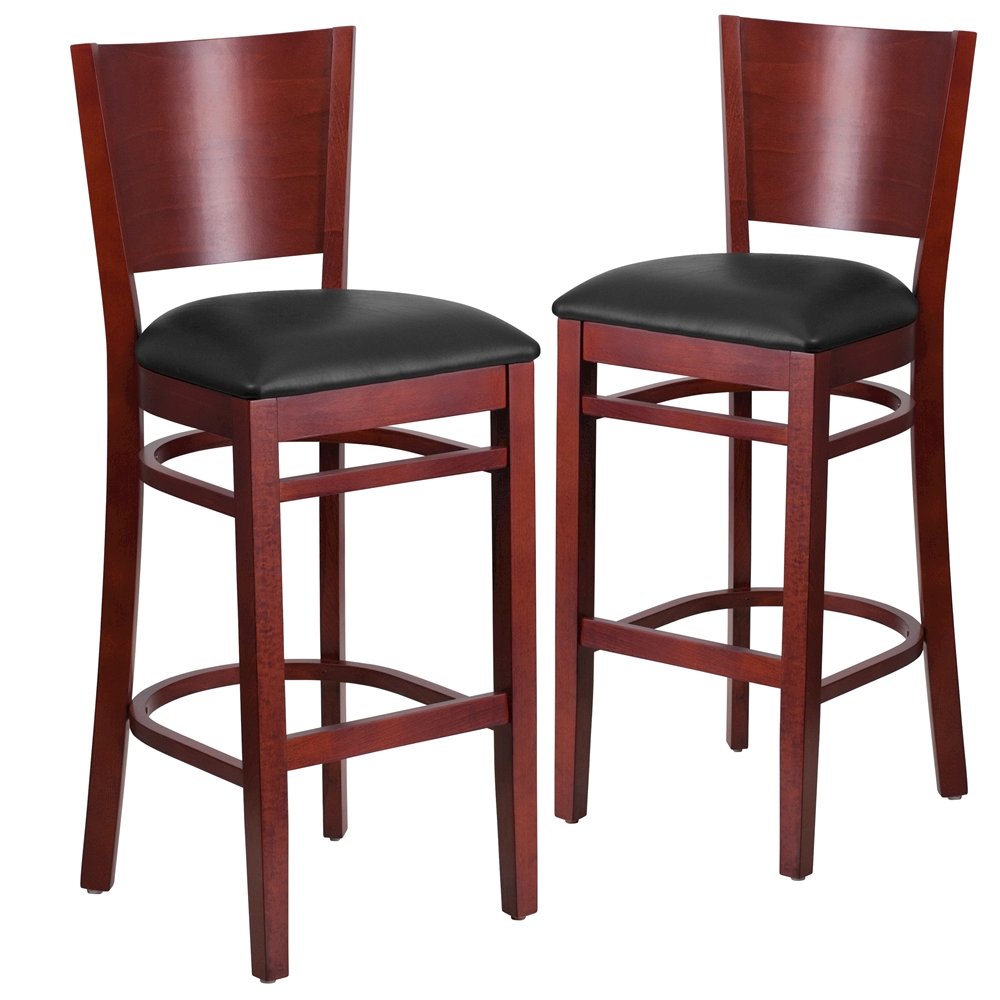 2 Pk. Lacey Series Solid Back Mahogany Wooden Barstool – Black Vinyl Seat