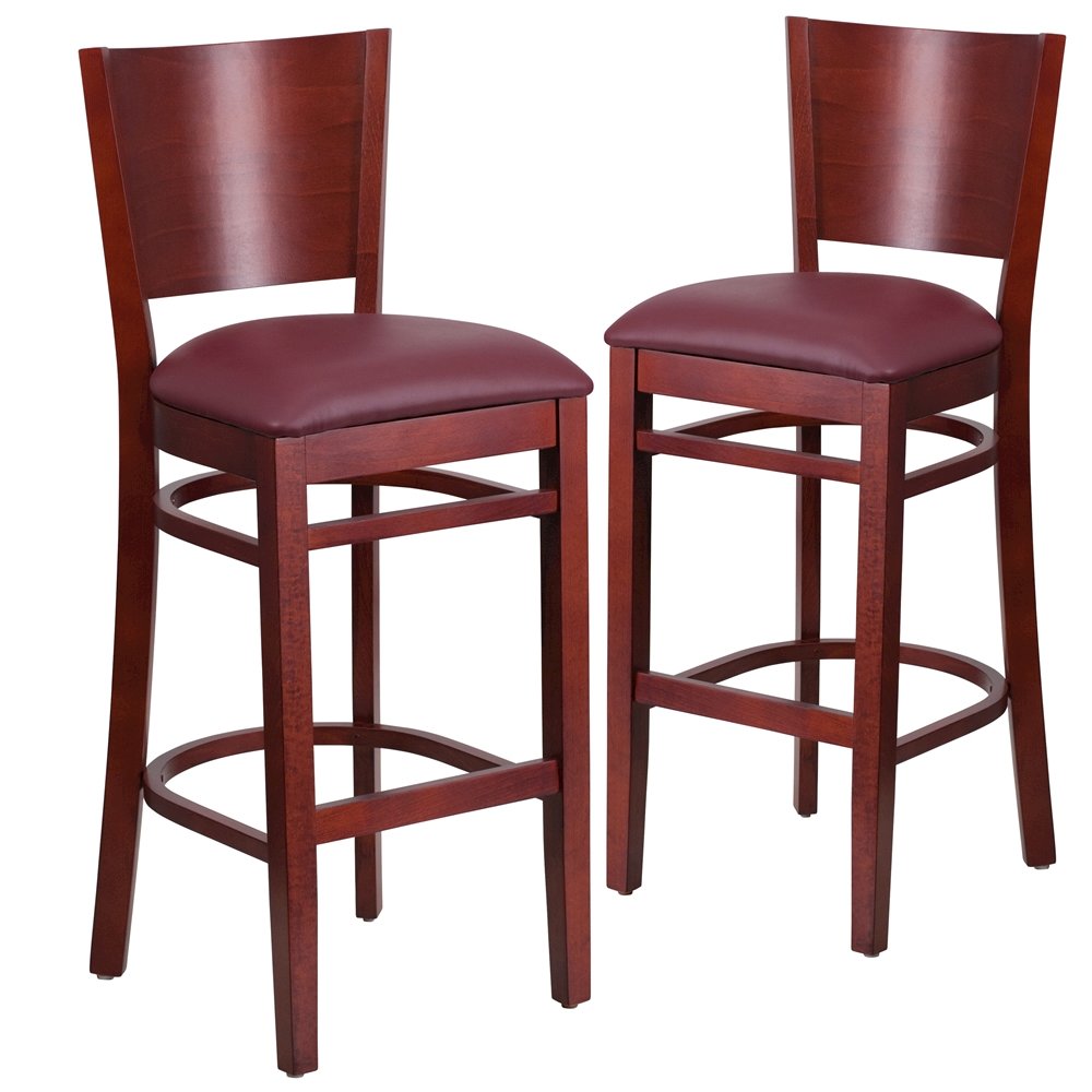 2 Pk. Lacey Series Solid Back Mahogany Wooden Barstool – Burgundy Vinyl Seat