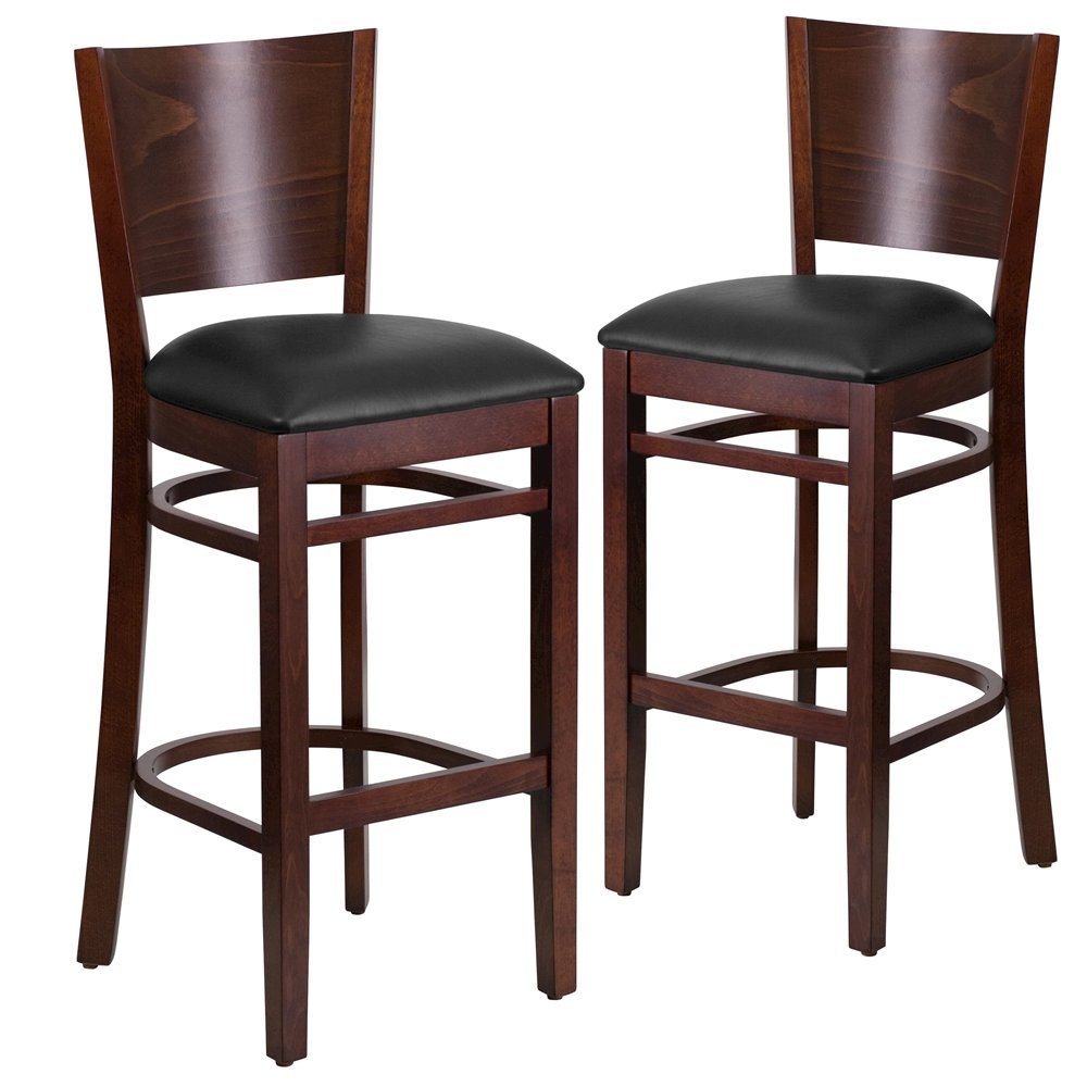 2 Pk. Lacey Series Solid Back Walnut Wooden Barstool – Black Vinyl Seat