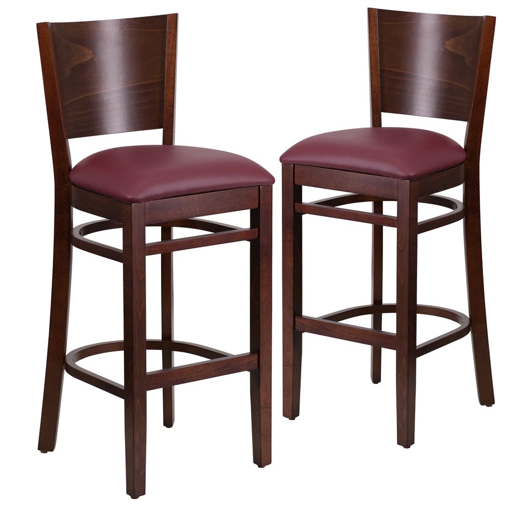 2 Pk. Lacey Series Solid Back Walnut Wooden Barstool – Burgundy Vinyl Seat