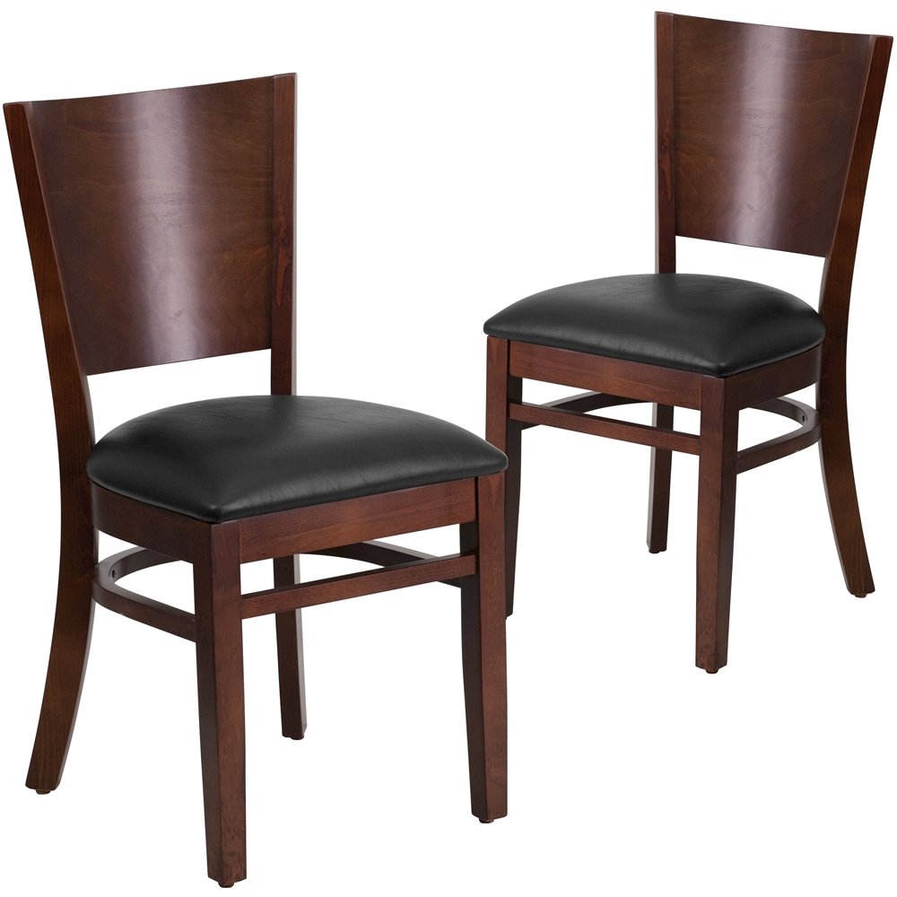 2 Pk. Lacey Series Solid Back Walnut Wooden Restaurant Chair – Black Vinyl Seat
