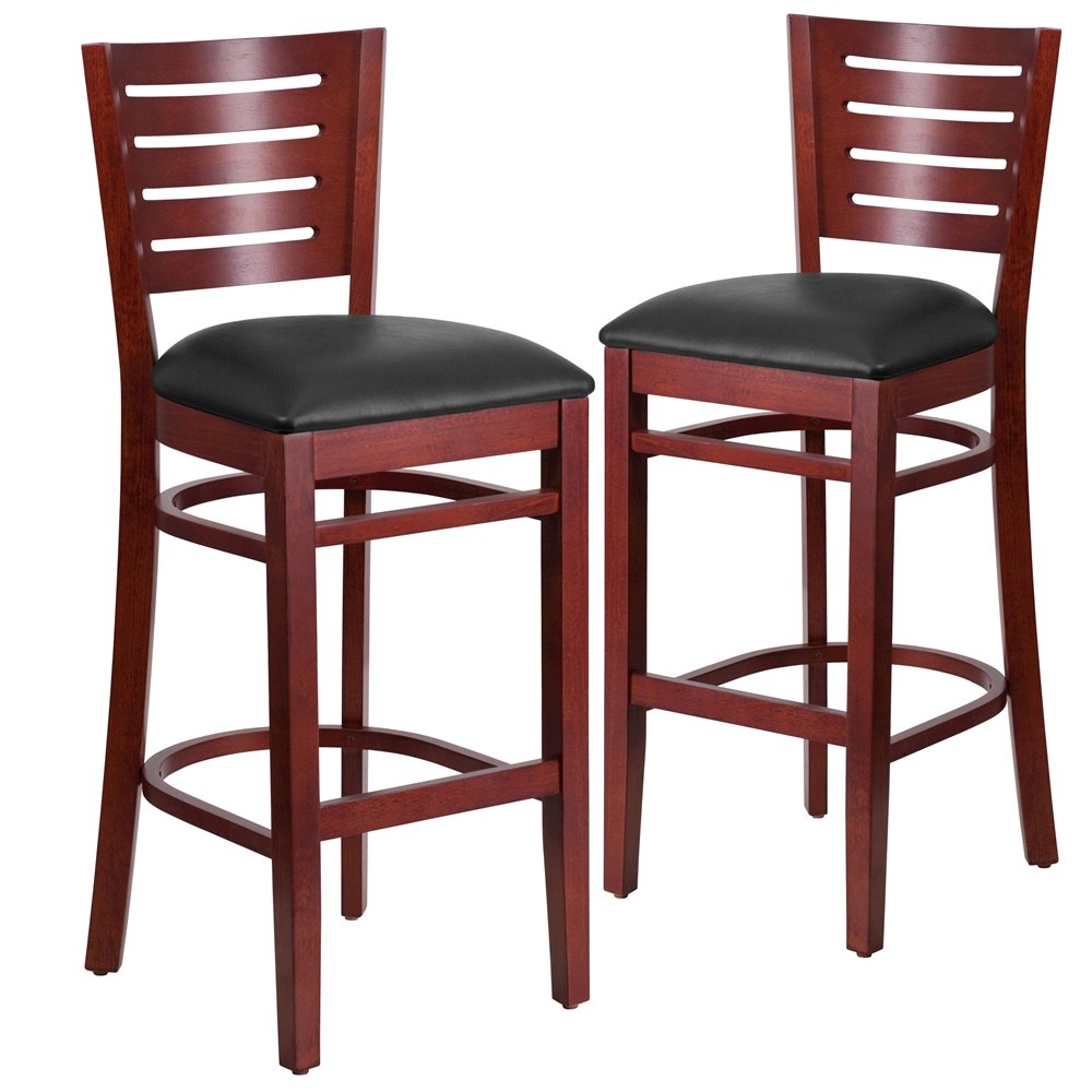 2 Pk. Darby Series Slat Back Mahogany Wooden Barstool – Black Vinyl Seat