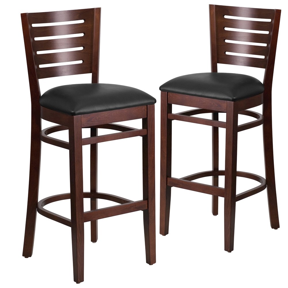 2 Pk. Darby Series Slat Back Walnut Wooden Barstool – Black Vinyl Seat