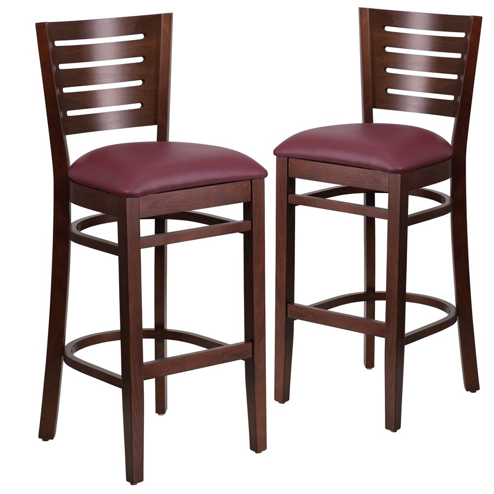 2 Pk. Darby Series Slat Back Walnut Wooden Barstool – Burgundy Vinyl Seat