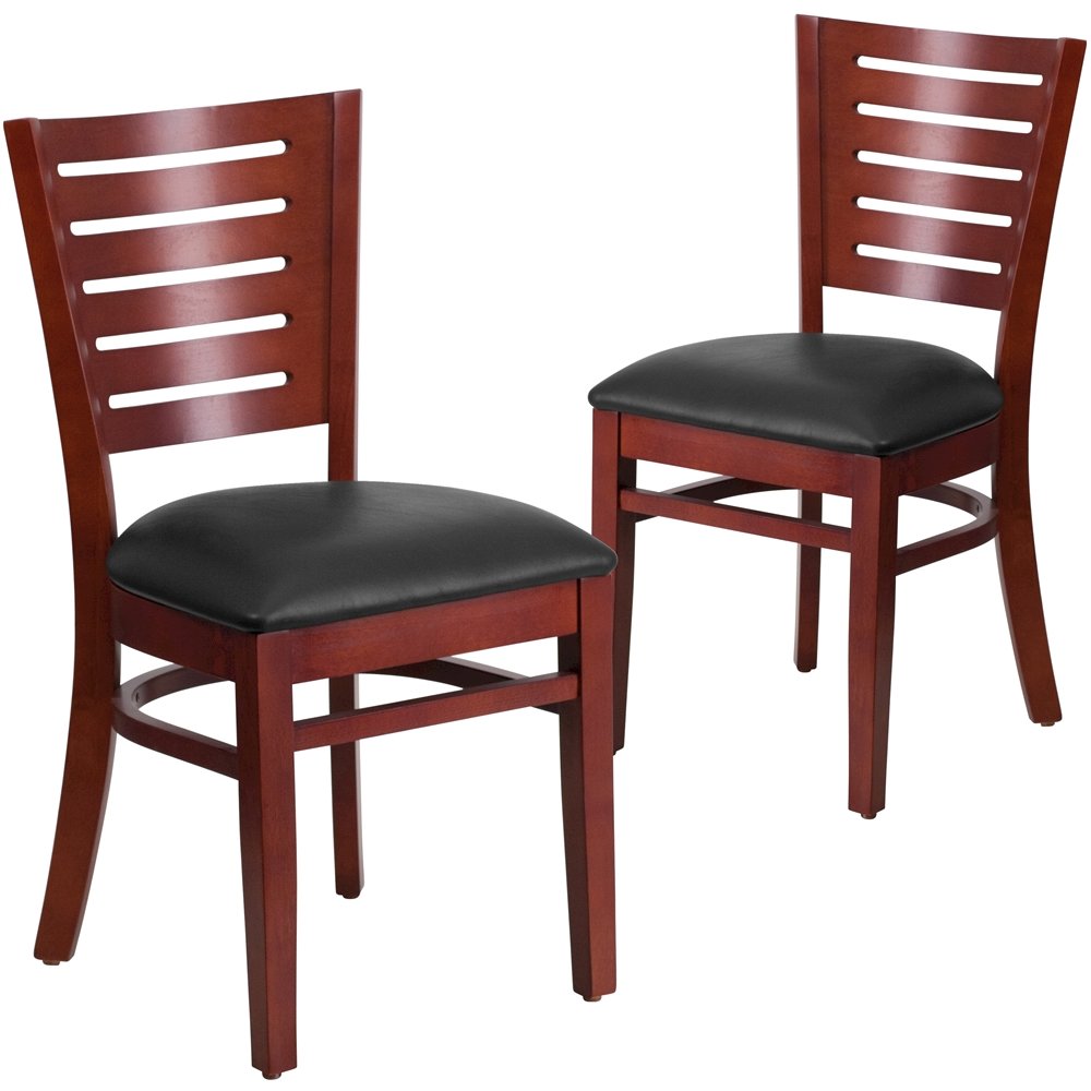 2 Pk. Darby Series Slat Back Mahogany Wooden Restaurant Chair – Black Vinyl Seat