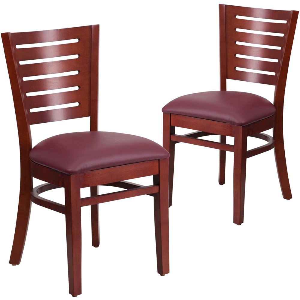 2 Pk. Darby Series Slat Back Mahogany Wooden Chair – Burgundy Vinyl Seat