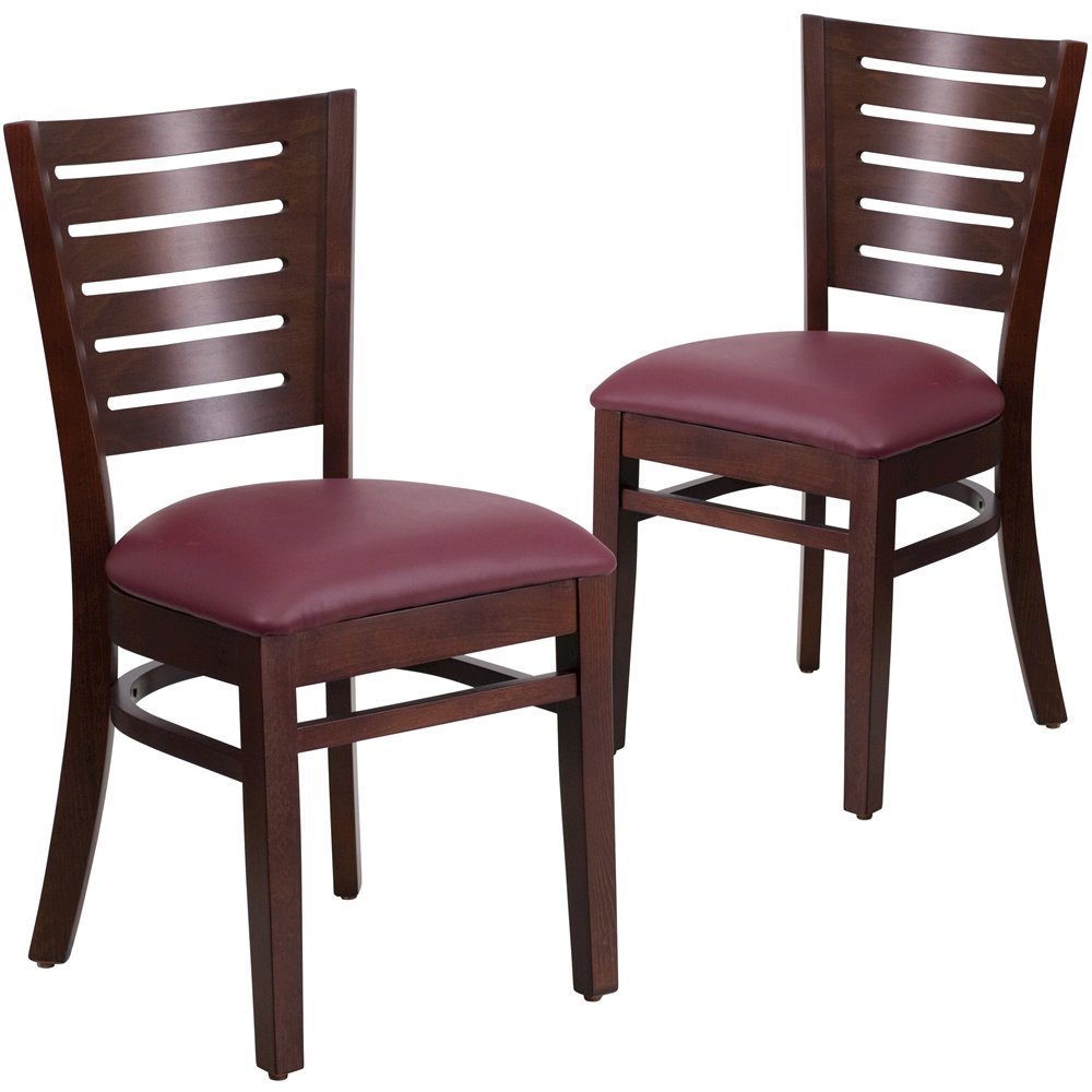2 Pk. Darby Series Slat Back Walnut Wooden Chair – Burgundy Vinyl Seat