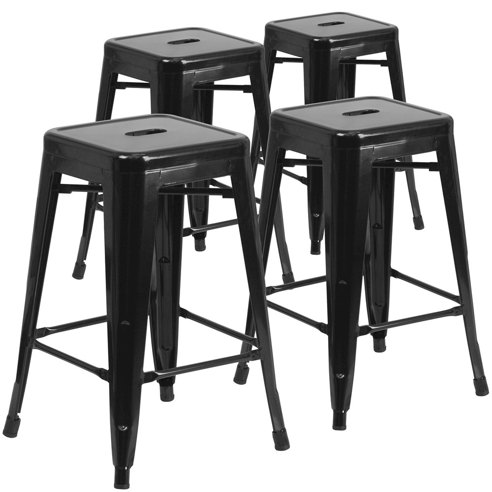 4 Pk. 24” High Backless Black Metal Indoor-Outdoor Counter Height Stool