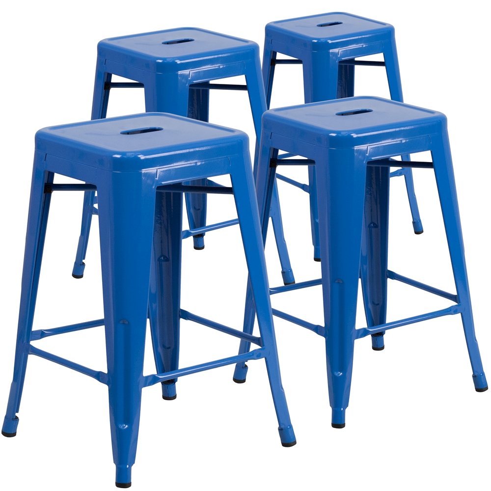 4 Pk. 24” High Backless Blue Metal Indoor-Outdoor Counter Height Stool