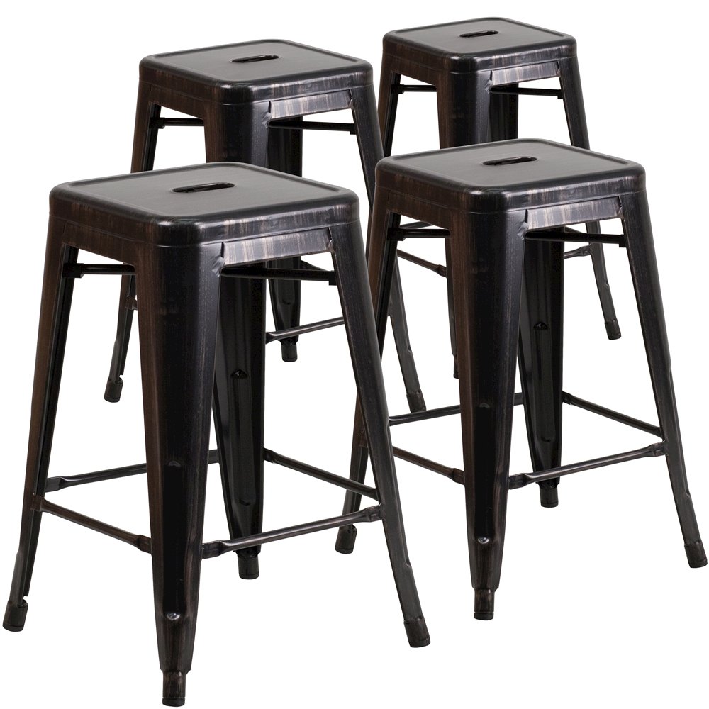 4 Pk. 24” High Backless Black-Antique Gold Metal Counter Height Stool