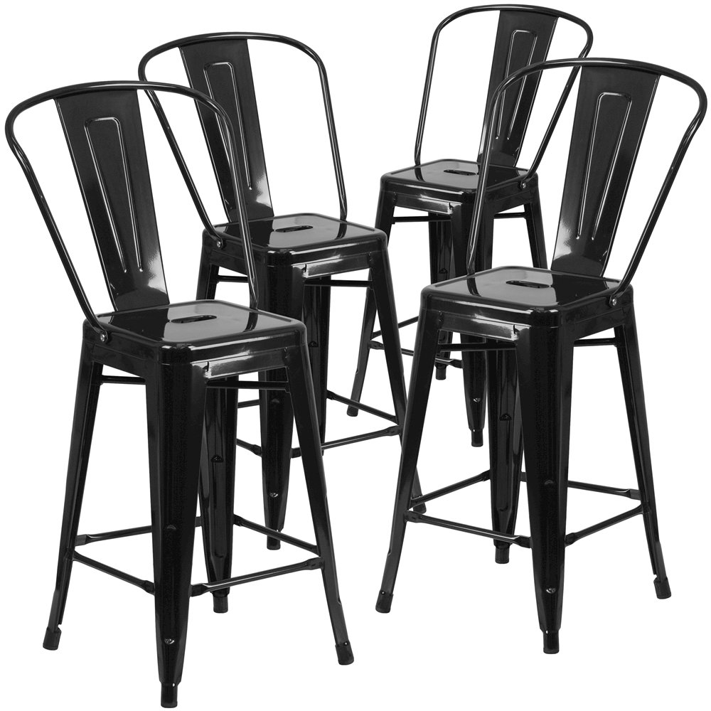 4 Pk. 24” High Black Metal Indoor-Outdoor Counter Height Stool with Back