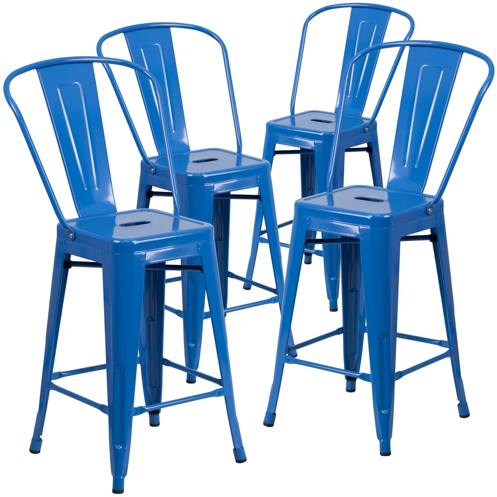 4 Pk. 24” High Blue Metal Indoor-Outdoor Counter Height Stool with Back