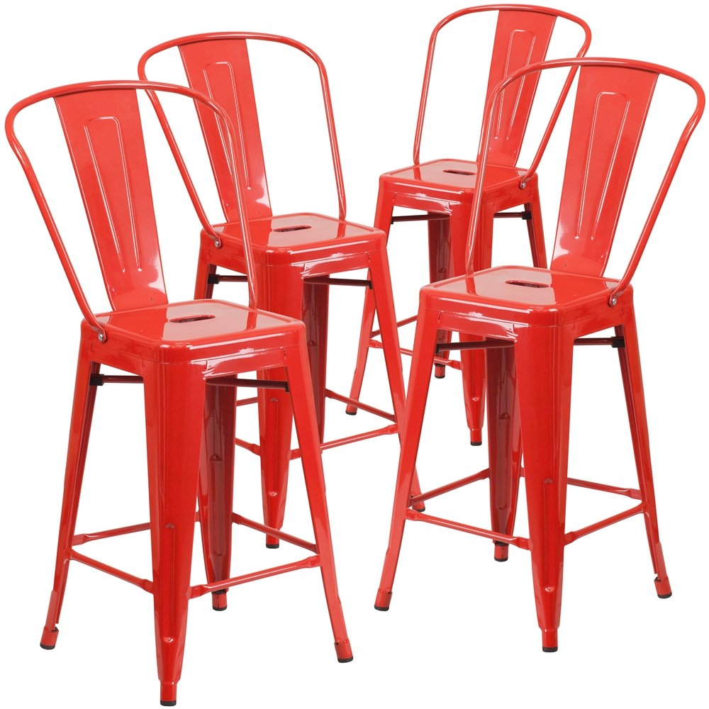 4 Pk. 24” High Red Metal Indoor-Outdoor Counter Height Stool with Back
