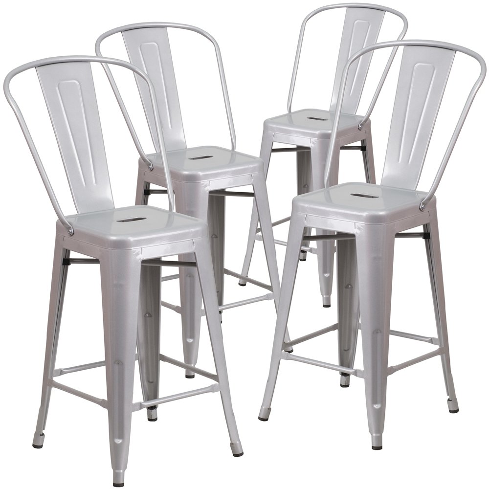 4 Pk. 24” High Silver Metal Indoor-Outdoor Counter Height Stool with Back