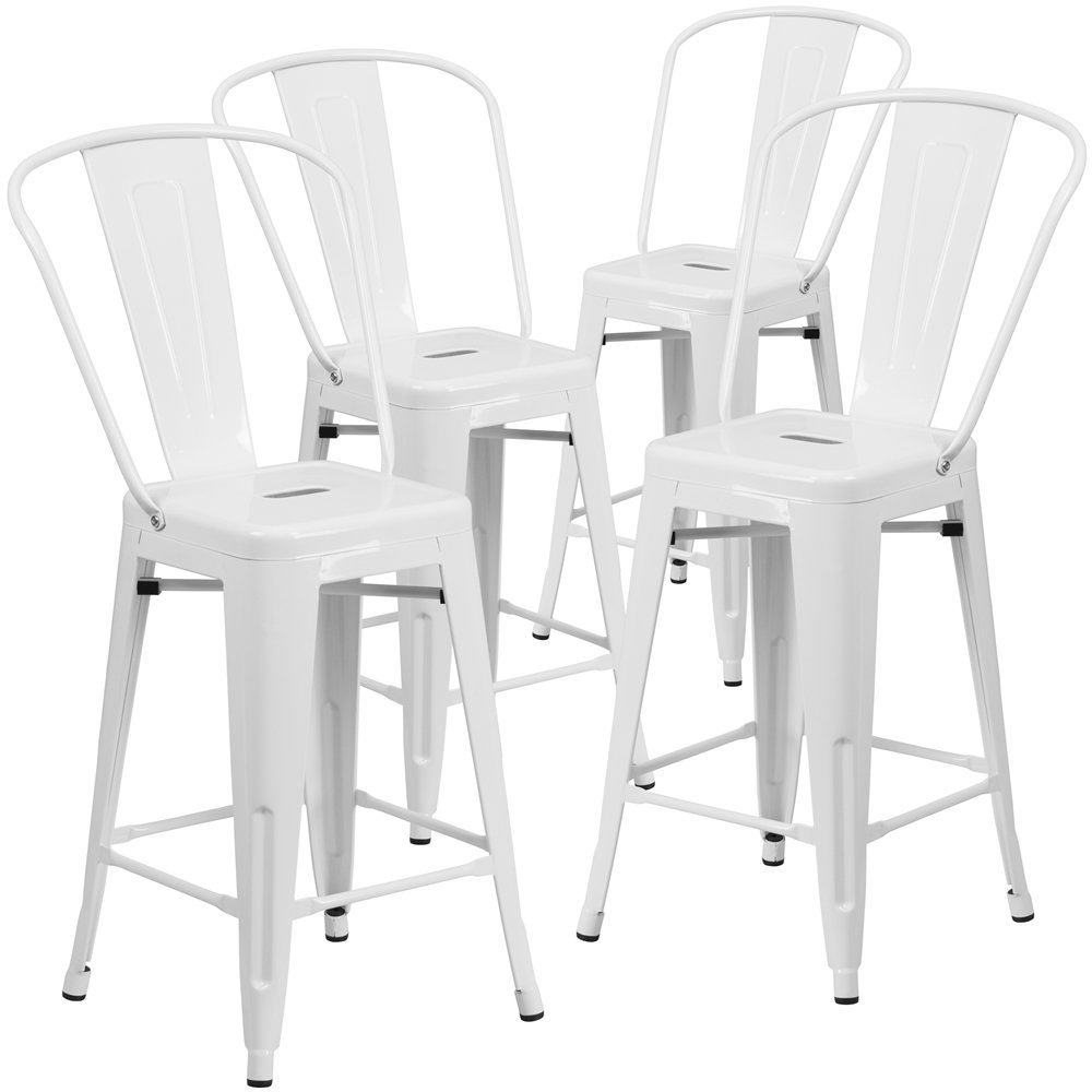 4 Pk. 24” High White Metal Indoor-Outdoor Counter Height Stool with Back