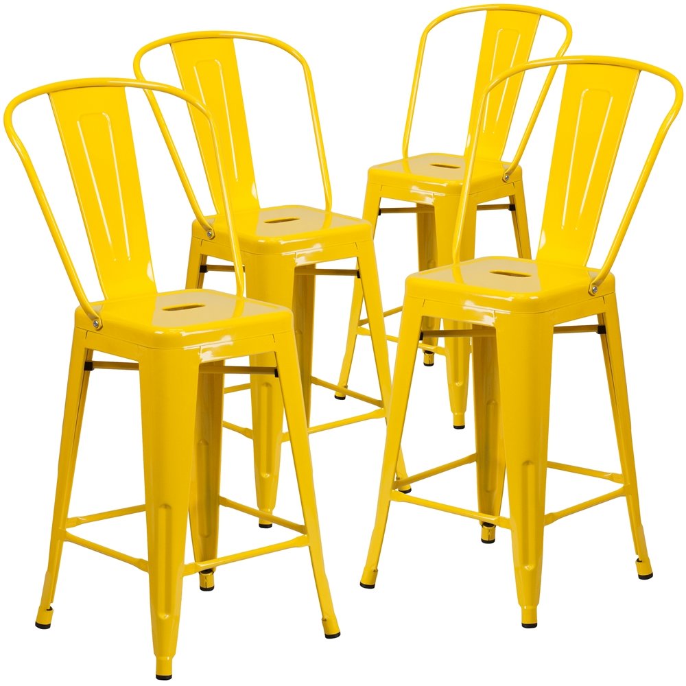 4 Pk. 24” High Yellow Metal Indoor-Outdoor Counter Height Stool with Back