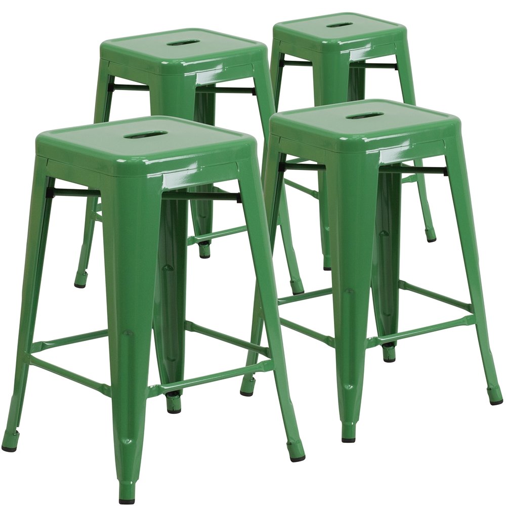 4 Pk. 24” High Backless Green Metal Indoor-Outdoor Counter Height Stool
