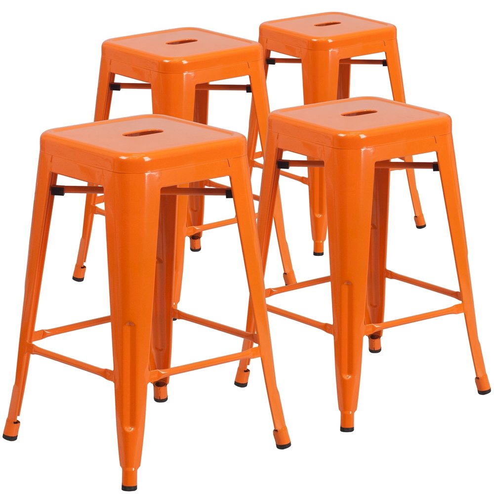 4 Pk. 24” High Backless Orange Metal Indoor-Outdoor Counter Height Stool