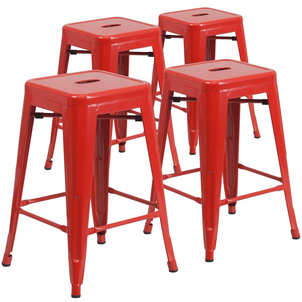4 Pk. 24” High Backless Red Metal Indoor-Outdoor Counter Height Stool