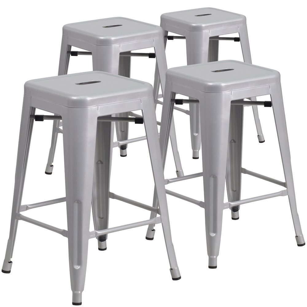 4 Pk. 24” High Backless Silver Metal Indoor-Outdoor Counter Height Stool