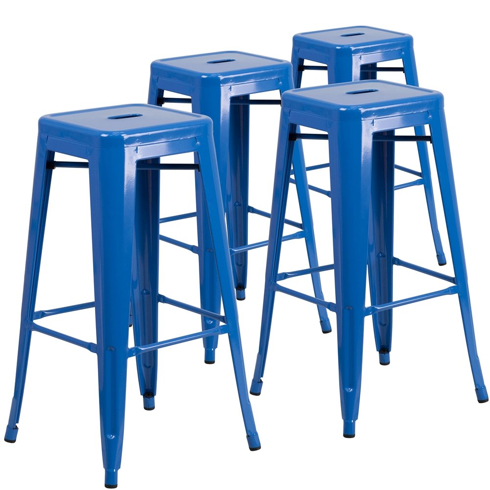 4 Pk. 30” High Backless Blue Metal Indoor-Outdoor Barstool with Square Seat