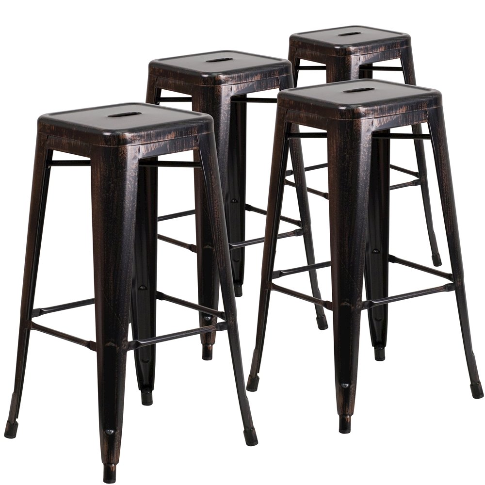 4 Pk. 30” High Backless Black-Antique Gold Metal Indoor-Outdoor Barstool