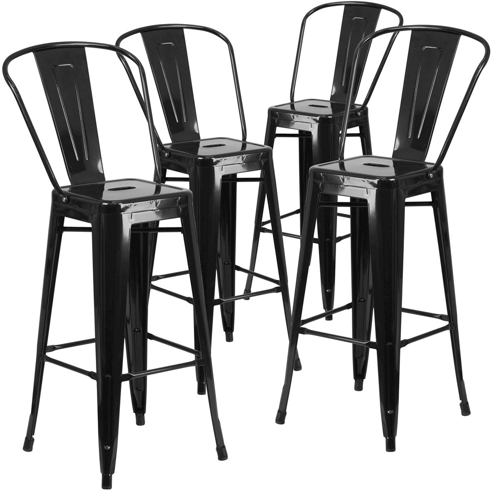 4 Pk. 30” High Black Metal Indoor-Outdoor Barstool with Back