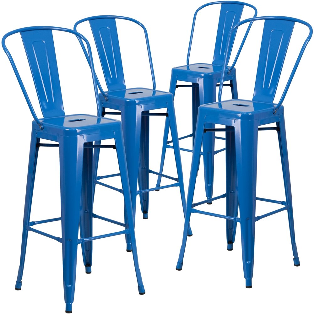 4 Pk. 30” High Blue Metal Indoor-Outdoor Barstool with Back