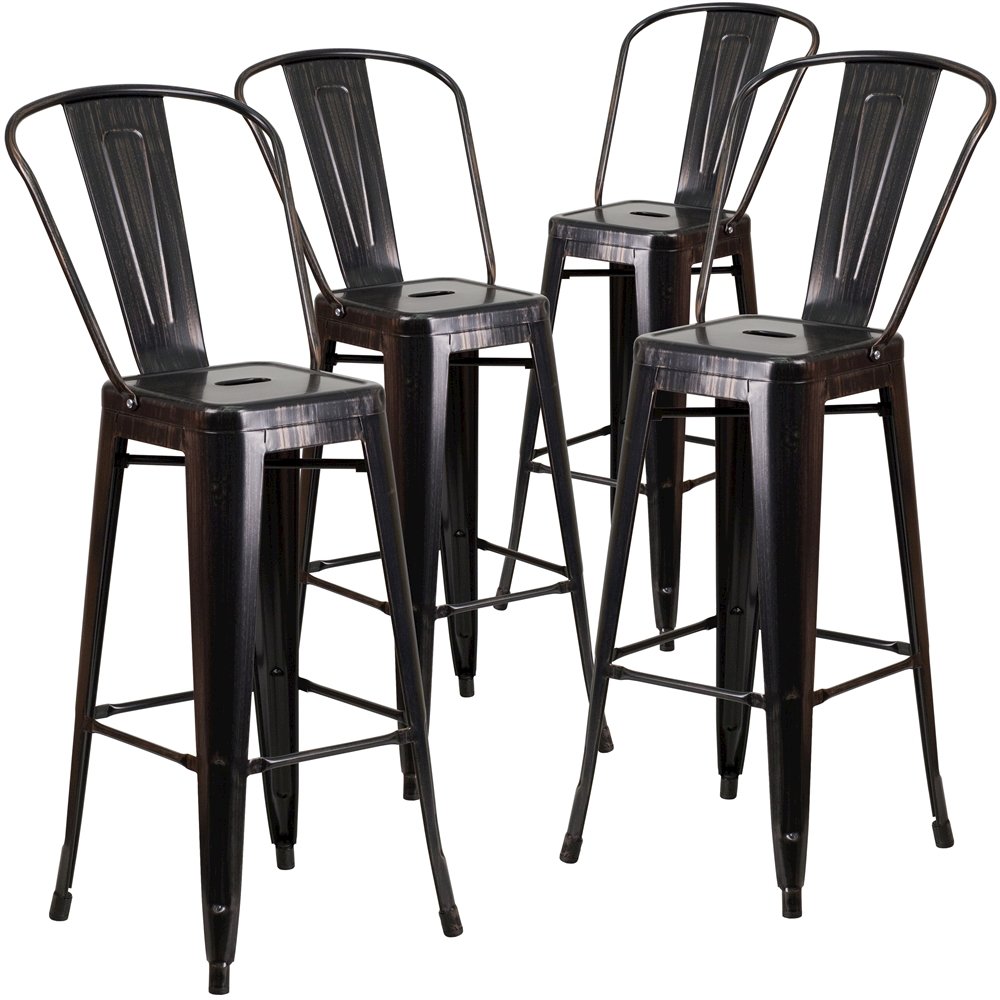 4 Pk. 30” High Black-Antique Gold Metal Indoor-Outdoor Barstool with Back
