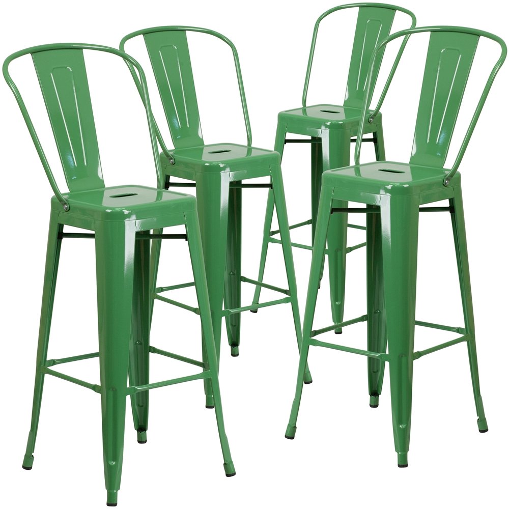 4 Pk. 30” High Green Metal Indoor-Outdoor Barstool with Back