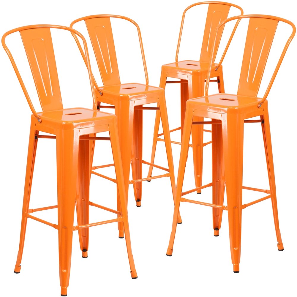 4 Pk. 30” High Orange Metal Indoor-Outdoor Barstool with Back