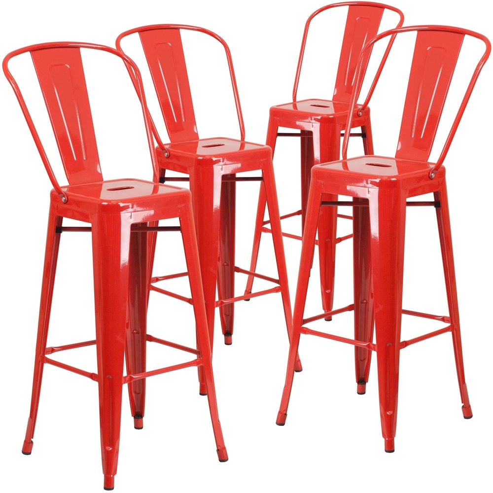 4 Pk. 30” High Red Metal Indoor-Outdoor Barstool with Back