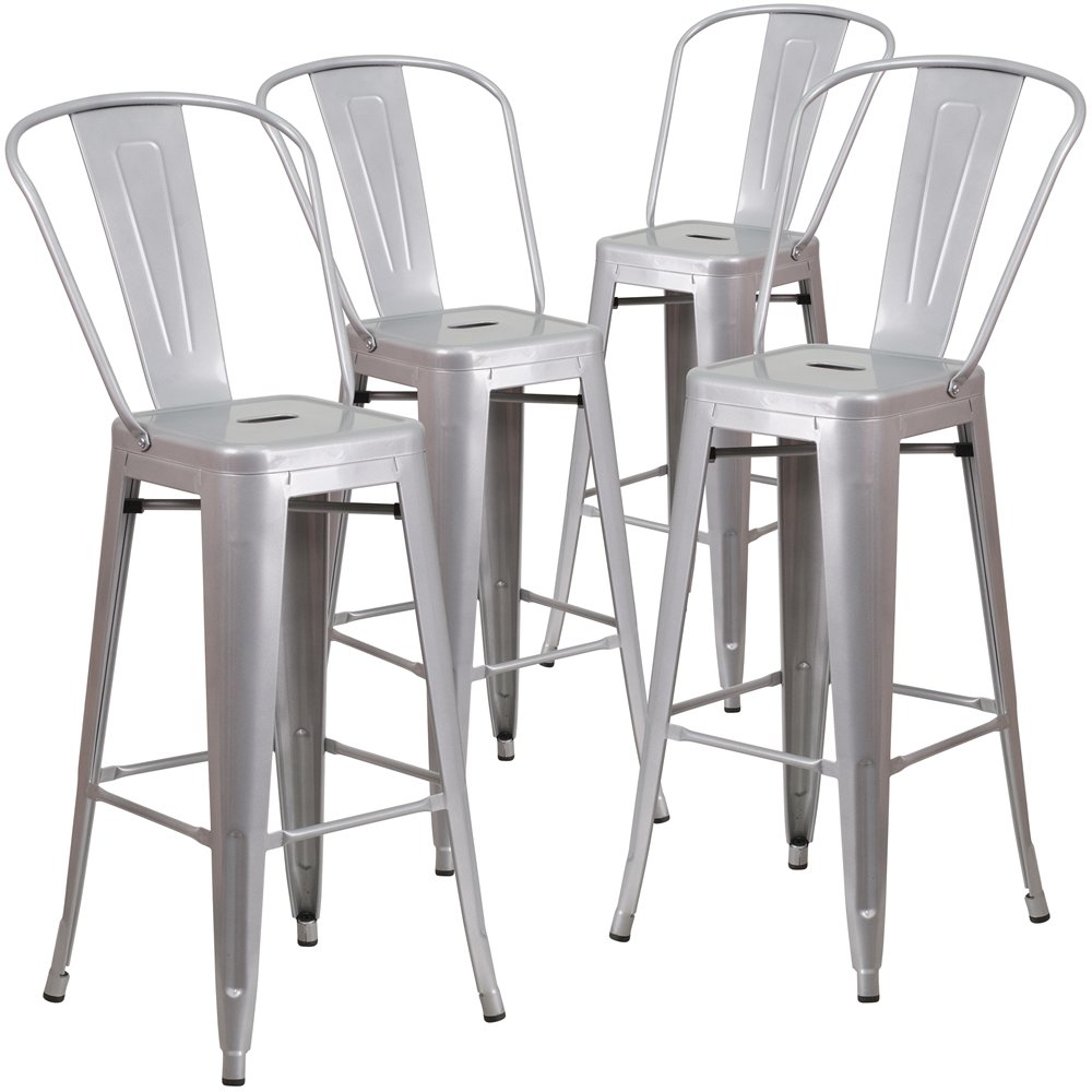4 Pk. 30” High Silver Metal Indoor-Outdoor Barstool with Back