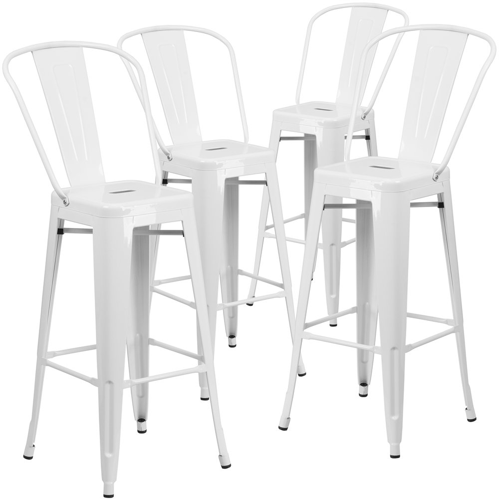 4 Pk. 30” High White Metal Indoor-Outdoor Barstool with Back