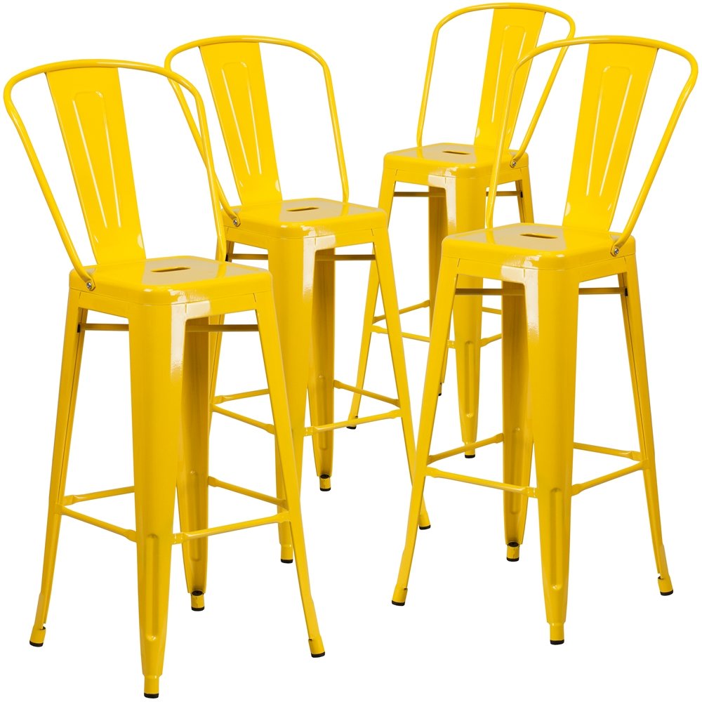4 Pk. 30” High Yellow Metal Indoor-Outdoor Barstool with Back
