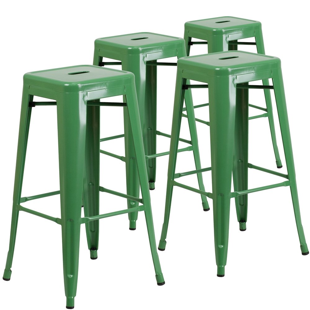 4 Pk. 30” High Backless Green Metal Indoor-Outdoor Barstool with Square Seat