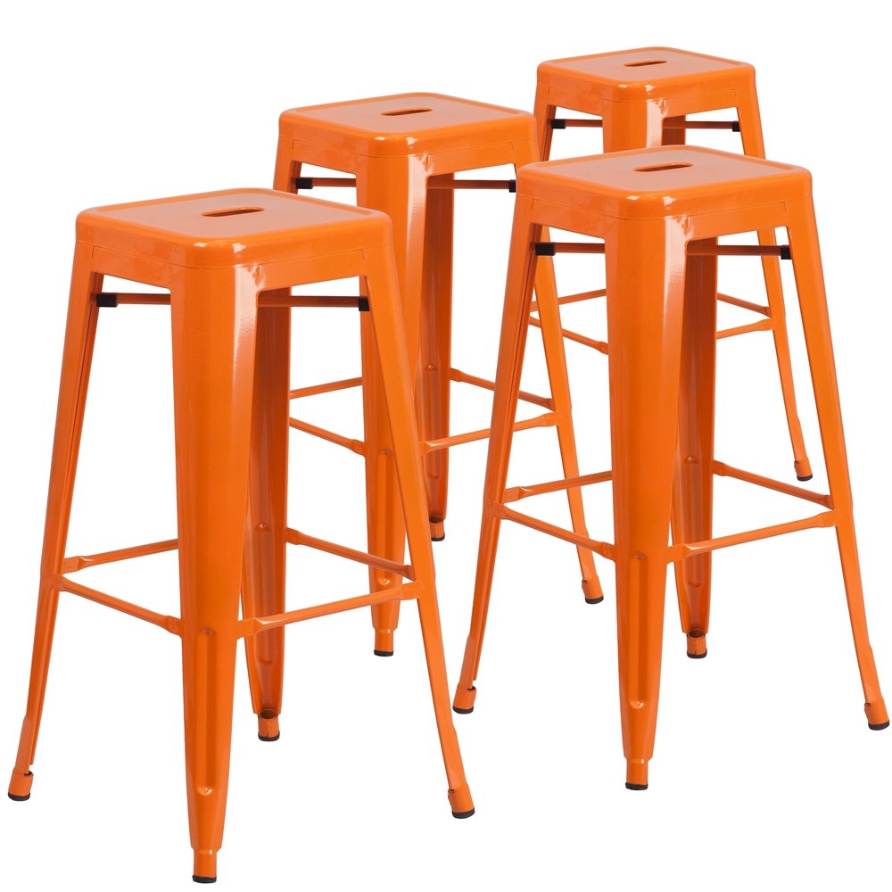 4 Pk. 30” High Backless Orange Metal Indoor-Outdoor Barstool with Square Seat